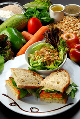 Healthy food and good nutrition, balanced diet concept with fresh vegetables, fruits, cereals, legumes, nuts