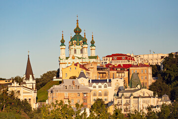 Fototapeta na wymiar Andriivska church and Podol panorama in Kiev, Ukraine