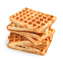 Pile of baked sweet belgium waffles pastry with a light batter, large squares, and deep pockets usually served for breakfast as dessert in the morning isolated on white background