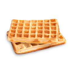 Two sweet belgium waffles pastry sponge cake with large squares, and deep pockets usually served for breakfast as dessert in the morning isolated on white background