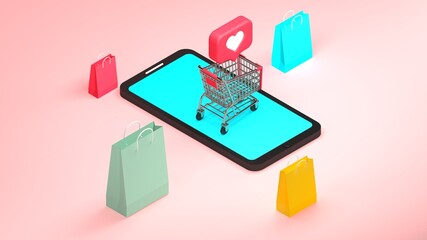 3D illustration of online shopping concept, shopping cart on mobile phone with gift bags