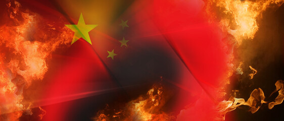 flag of China with abstract symbolic fire and flames 3d-illustration background