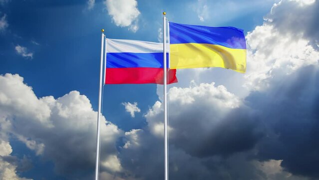 Ukraine and Russian flags waving in slow motion on beautiful sky timelapse. CG Animation of national flags on real shot background. Russia and Ukraine relations concept. 