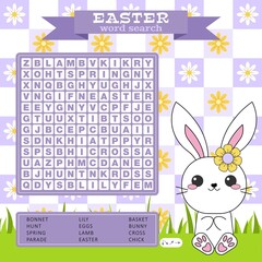Easter word search puzzle with cute kawaii bunny. Educational game. Spring holiday crossword. Funny trivia game.Festive colorful worksheet for learning English words. Suitable for social media post. 