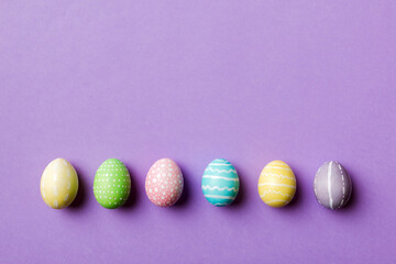 holiday preparation Multi colors Easter eggs on colored background . Pastel color Easter eggs. holiday concept with copy space