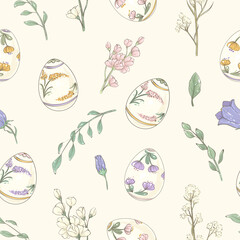 Easter seamless pattern with spring flowers and painted eggs - 492632158