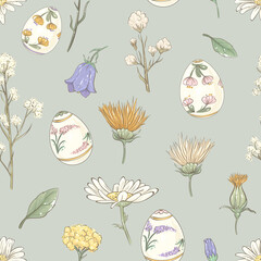 Easter seamless pattern with spring flowers and painted eggs - 492632160
