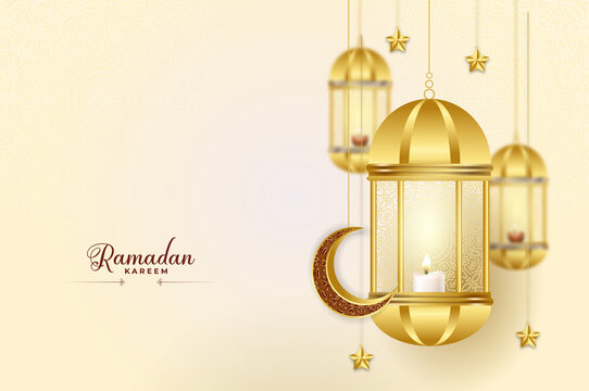 Ramadan kareem arabic golden banner background with lantern