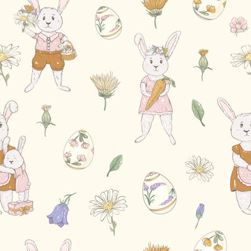 Easter seamless pattern with bunnies and painted eggs