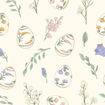 Easter seamless pattern with spring flowers and painted eggs