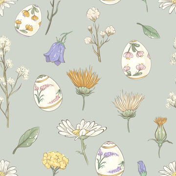 Easter seamless pattern with spring flowers and painted eggs