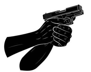 Black silhouette Hand holding pistol shooting. vector illustration
