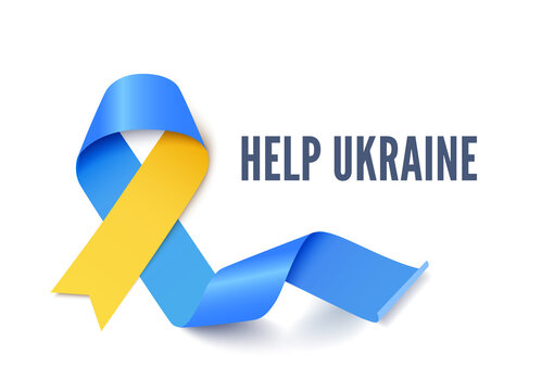 Help Ukraine concept. Blue and yellow ribbon realistic vector illustration isolated on white bakcround