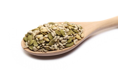 Seed mix, sunflower, sesame, linseed and pumpkin seeds in wooden spoon isolated on white 