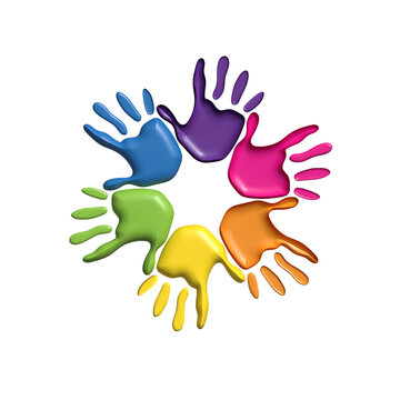 Hands print six people. Children hands in vivid colors 3D logo icon vector image design 