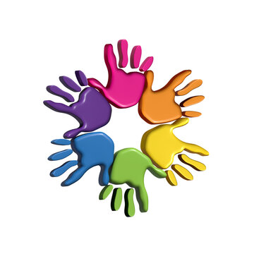 Hands print six people. Children hands in vivid colors 3D logo icon vector image design 