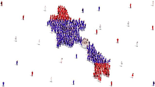 Laos Map and Flag. A large group of people in the Laos flag color form to create the map. 4K Animation Video.