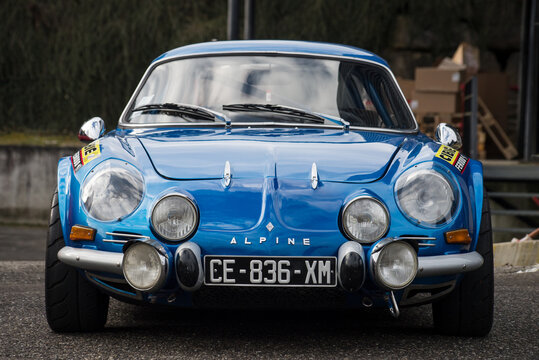 Mulhouse - France - 13 March 2022 - Front view of blue alpine A110 berlinette1975 parked in the street