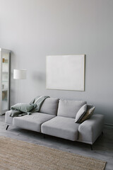 Stylish minimalistic interior of the living room in gray. Sofa with plaid, floor lamp, beige carpet...
