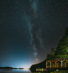 Night Stars Above Lake. Milky Way Galaxy And Natural Starry Sky Background Backdrop Landscape.