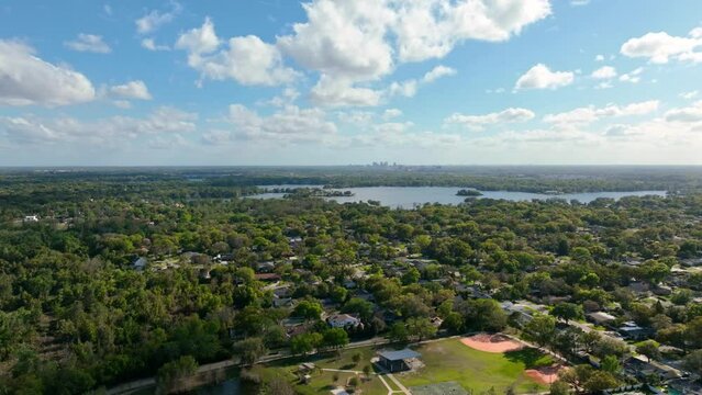 Hyper lapse aerial video over Maitland, Florida with downtown Orlando seen in the distance.