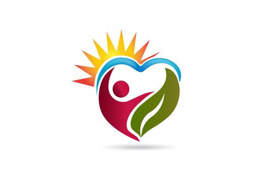 Health Nature sun bird leaf man figure in a heart shape icon logo vector image design graphic illustration background template