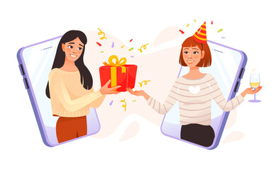 Holiday party online concept. The girls communicate via video through an online application. Happy birthday. Online celebration. Holidays in the period of self-isolation. Cartoon vector illustration