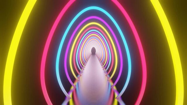 Abstract digital moving colorful egg shapes on black background. Easter 3d video loop