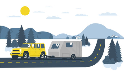 SUV car and trailer caravan on the road against the backdrop of a rural landscape. Vector illustration. © lyudinka