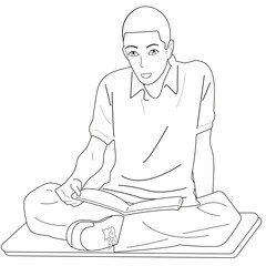 A black and white guy sits cross-legged and reads a book. Vector, cartoon.