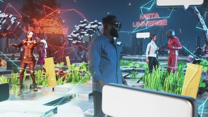 African American man putting on VR headset and looking around with smile while exploring futuristic cyberspace in living room at home - Powered by Adobe