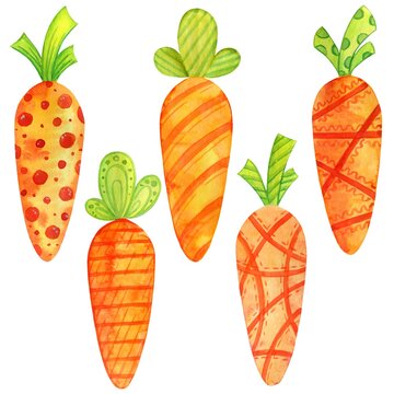 A set of decorative bright orange carrots with different patterns, watercolor illustration