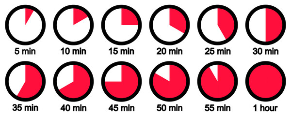 Meal time vector icons set. Timer clock 5 minute to 1 hours. Cook time icons on white background. 