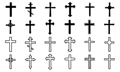 Set with black christian cross on white background. Collection cross symbol. Vector set.