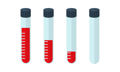 Set with blood tube in flat style on white background.  Blood test tube vector icons. Vector medical flask.