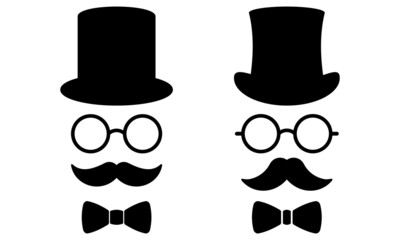 Hat, Glasses, Mustache and Bow Tie vector set. Old vintage fashioned gentleman. Vector 10 EPS.