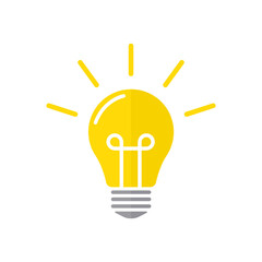 Yellow light bulb flat vector icon. Lightbulb and rays on white background. Creative business idea.