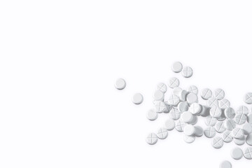 Medical pills and tablet. Macro top down view with background detail