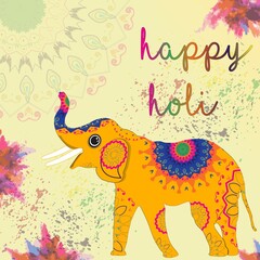 Fototapeta premium Happy Holi Indian Hindu festival of colors greeting .Flat background happy Holi festival with an elephant