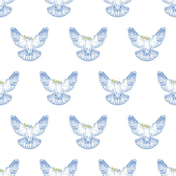 Vector seamless pattern the dove of peace in Ukraine flag colors.