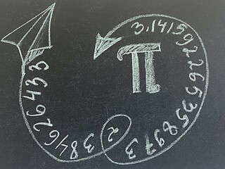 the number pi is drawn in chalk on the blackboard. international pi day