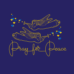 Pray for Peace. Golden inscription, angels, hearts on blue. Vector.