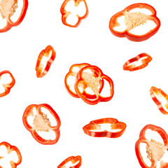 Slice of bell red pepper isolated on white background. Flight of slices