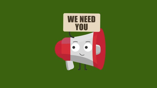 cute megaphone character with need you sign.4K motion animation.