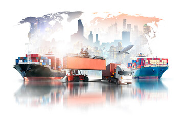 Global business logistics import export of containers cargo freight ship, container handler, truck and cargo airplane on world map city background with copy space, transportation industry concept