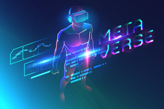 Metaverse in virtual reality. Man wearing vr headset in abstract digital world with futuristic interface. Vector illustration