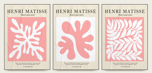 Collection of aesthetic posters and abstract elements in pink color on an isolated background. A large collection of elements, unusual shapes in the art matisse style, hand-drawn with paper texture