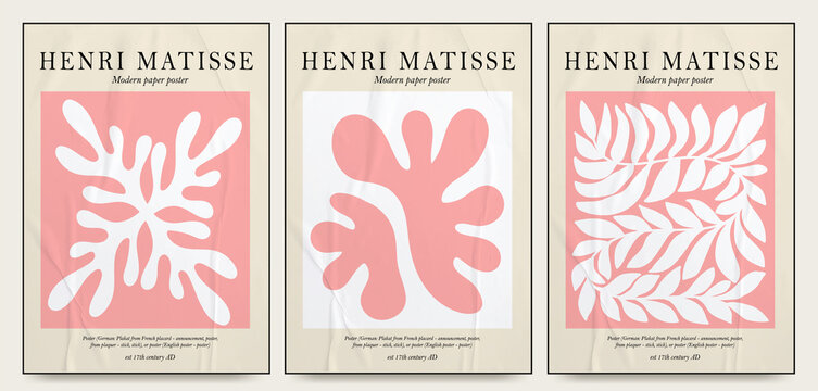 Naklejka Collection of aesthetic posters and abstract elements in pink color on an isolated background. A large collection of elements, unusual shapes in the art matisse style, hand-drawn with paper texture