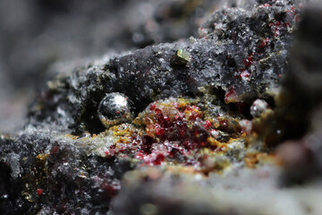 native mercury drop on cinnabar matrix from El Entredicho Mine, Spain