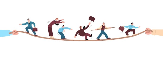 Hands holding rope with balancing people, flat vector illustration isolated.